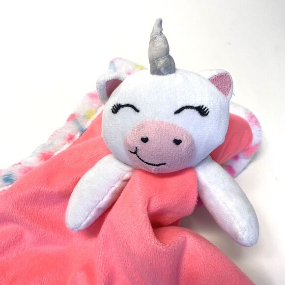 BETSEY JOHNSON Unicorn Lovey Plush Security Blanket Bright Coral With Hearts 13” - Picture 2 of 7